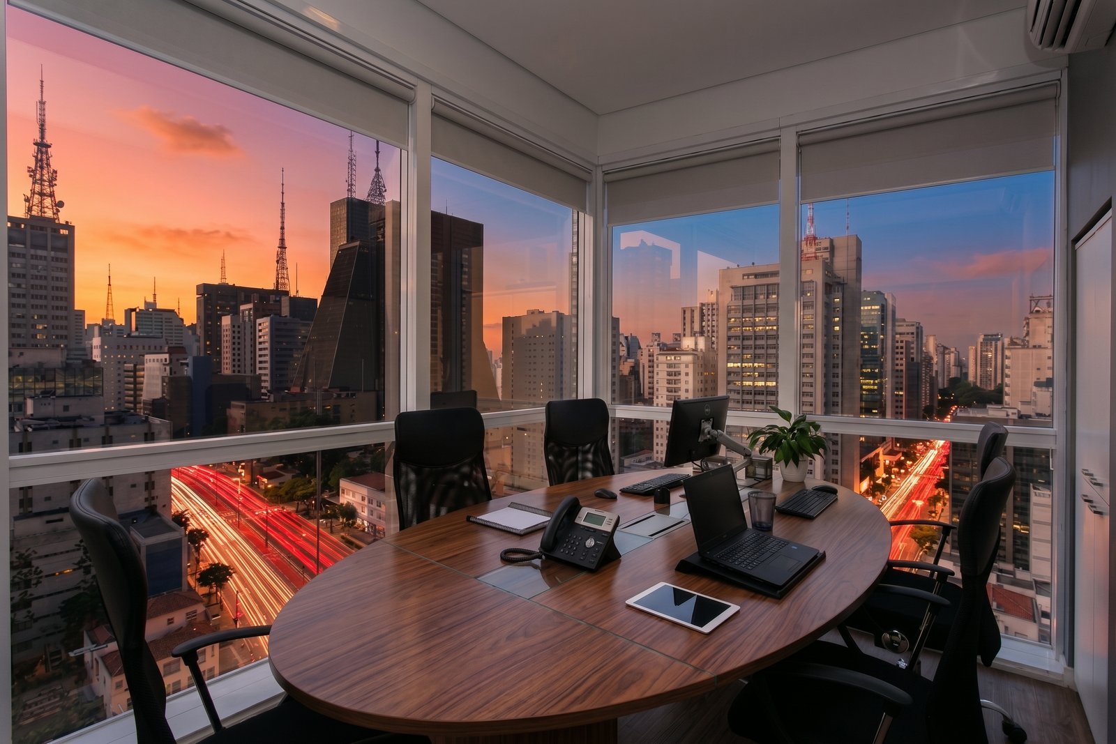 Sala de reunião com vista para a Avenida Paulista, ao entardecer
